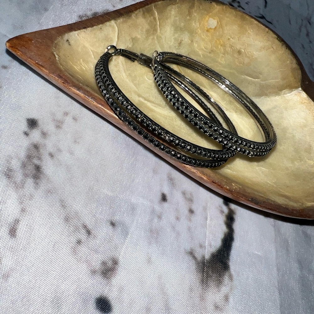 Sparkly‎ Silver tone black stones Hoop Earrings whimsygoth